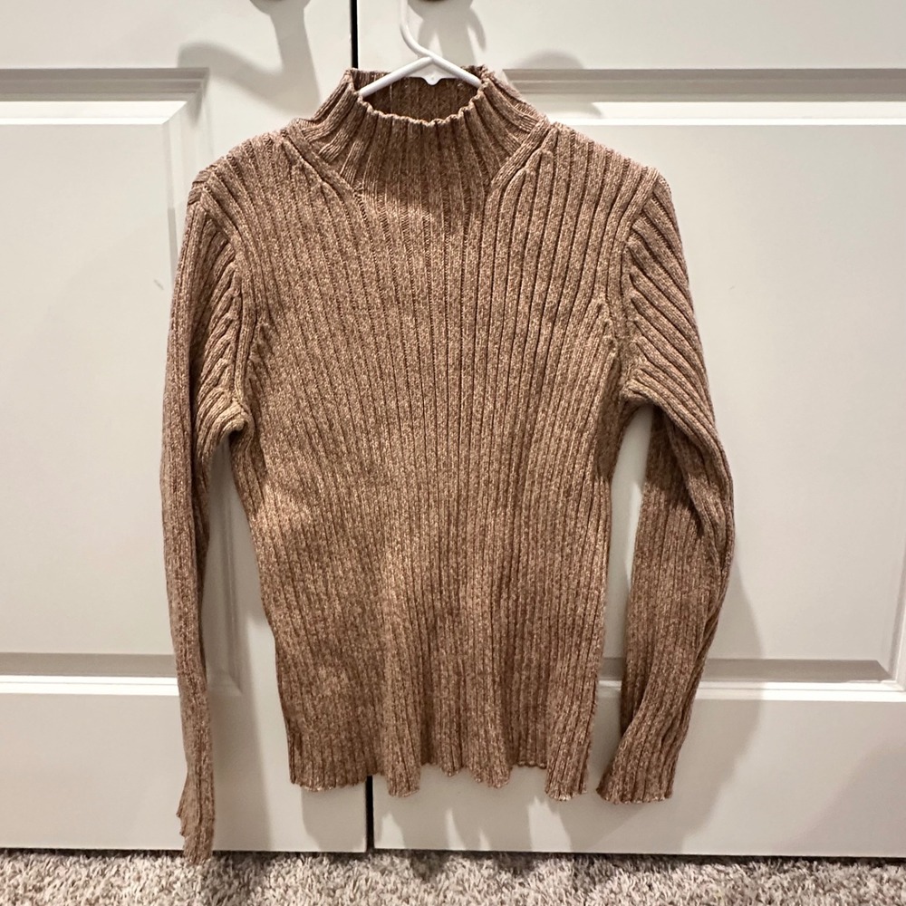 Lauren Ralph Lauren Tan Ribbed Mock Neck Cotton Sweater Large L Long Sleeve